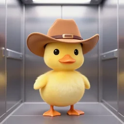 cowboy hat wearing little ducklings in an elevator