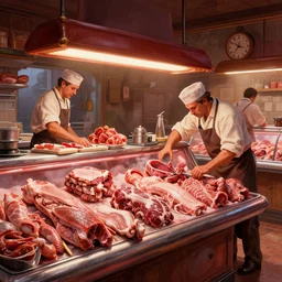 a beautiful insanely detailed matte painting of a butchery, sharp, ray tracing, ambient occlusion, octane render, intense colors, by moebius, by greg rutkowski