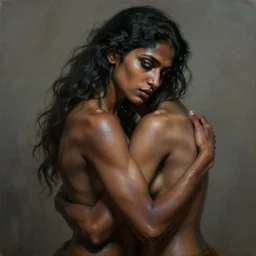 portrait painting of dark muscular indian women hugging from behind, ultra realistic, concept art, intricate details, eerie, highly detailed, photorealistic, octane render, 8 k, unreal engine. art by artgerm and greg rutkowski and alphonse mucha