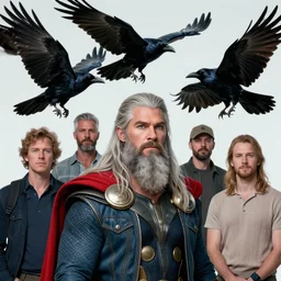 professional photo session of modern version of Odin, casual clothes, long grey beard, two ravens flying above, Huginn and Muninn flying above, by Stanley Artgerm Lau, Diego Gisbert Llorens, Mark Brooks, Charlie Bowater, very detailed face, insanely detailed and intricate, vivid and vibrant, highly detailed, cinematic lighting, artstation