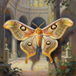 faerie hawkmoth in the palace courtyard. this oil painting by the award - winning mangaka has a beautiful composition, great sense of depth, dramatic lighting and intricate details.