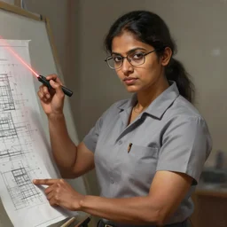 epic portrait of slightly muscular indian woman wearing short sleeved instructor uniform, uses laserpointer on construction plan, glasses, detailed, digital painting, artstation, concept art, donato giancola, joseph christian leyendecker, wlop, boris vallejo, breathtaking, 8 k resolution, extremely detailed beautiful, establishing shot, artistic hyperrealistic, beautiful face octane render