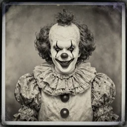 old photo of a killer horror clown, daguerrotype, tintype, dirty. faded. old photograph, polaroid, highres, wet plate collodion