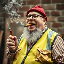 fat jolly man smoking a cigar wearing a construction vest
