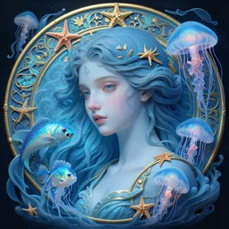 3 d printed of the gorgeous young goddess of the light blue holy water light, unusually unique beauty, swimming fish, small jellyfish, starfish, emotionally evoking symbolic metaphors, head in focus, fantasy, ornamental, intricate, elegant, sensual, highly detailed digital painting, artstation, concept art, painterly, golden ratio, sharp focus, illustration, art by john william godward and alphonse mucha and zdzisław beksinski,