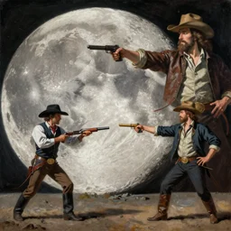 a cowboy shootout on the moon by edgar maxence and caravaggio and michael whelan and delacroix style, artistic, intricate painting, cinematic lighting, hyper realistic, extremely detailed, establishing shot, 8 k resolution, dramatic lighting
