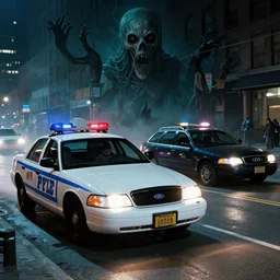 NYPD Ford P71 Crown Victoria (2002) police cars chasing a Audi A4 B6 Avant (2002), a gritty neo-noir, dramatic lighting, cinematic, establishing shot, extremely high detail, photorealistic, cinematic lighting, artstation, by simon stalenhag, Max Payne (PC) (2001) winter new york at night, eldritch horror