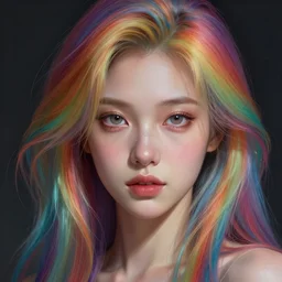 portrait of a young female human with rainbow hair and light skin open eyes fantasy artwork epic detailed and intricate digital painting trending on artstation by wlop octane render