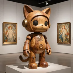 HS ,futurepunk ,concept art ,trending on cgsociety ,artwork masterpiece ,in a contemporary art gallery, lossless quality ,wooden sculpture on feet art toys ,a very cute mystical robot of the bohemian with cat’s ears  ,by Alphonse Mucha