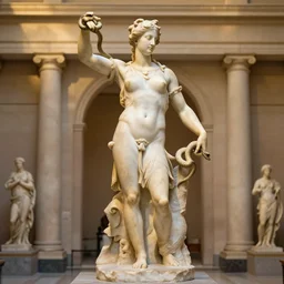 greek or roman sculpture in marble of a female athlete holding a snake, in a museum background, hyperrealistic photograph in the style of bernini, golden hour