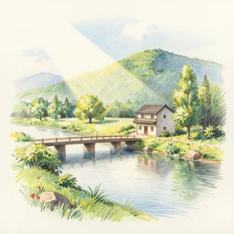 a color pencil sketch of a serene landscape with a singular building near a river, bridge, cute, natural lighting, high quality, highly detailed, drawing, realistic, godrays, complementary colors, beautiful, concept art