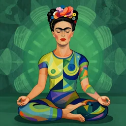A beautiful digital art of a man with a large head, sitting in what appears to be a meditative pose. His eyes are closed and he has a serene look on his face. His body is made up of colorful geometric shapes and patterns that twist and turn in different directions. It's almost as if he's sitting in the middle of a kaleidoscope! cool green by Frida Kahlo, by Chris Cunningham, by Octavio Ocampo