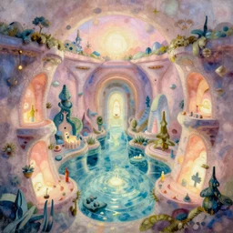 an epic organic underground city. brightly illuminated water. beautiful landscape. digital artwork by vincent bons, michael whelan, remedios varo and gerardo dottori. grainy and rough. interesting pastel colour palette. beautiful light. oil and water colour based on high quality render