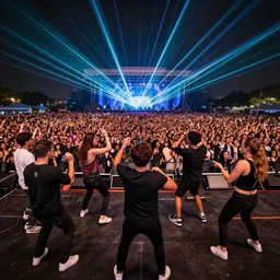 full frame a group of friends dancing at a concert with a huge crowd and lasers, hyper detailed, octane render, vivid colors, artstation, by jeremy mann, professional photography