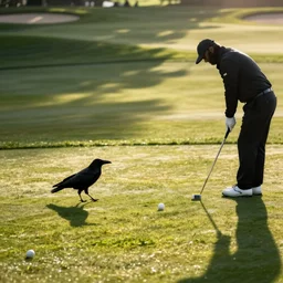 A photograph of a raven missing a putt at PGA Tour
