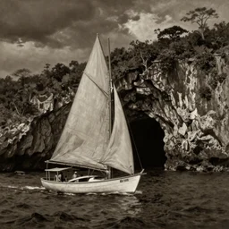 photorealistic sepia painting of a 1 9 2 5 bay boat sailing near a jamaican cliff with the mouth of a sea cave at the waterline, dark, brooding, atmospheric, lovecraft, horror