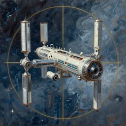 an epic painting space station, oil on canvas, cold colors, perfect composition, golden ratio, beautiful detailed, photorealistic, digital painting, artstation, concept art, smooth, sharp focus, illustration, cyberpunk background, artstation trending, octane render, unreal engine