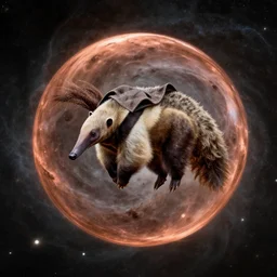 an anteater, wearing a hooded cloak, floating in a copper orb, eel nebula, by mike davis