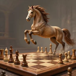 a chess piece comes alive, the horse jumps over the wooden chessboard, fantasy art, in the style of greg rutkowski, illustration, epic, fantasy, cinematic, intricate, hyper detailed, artstation, concept art, smooth, sharp focus, ray tracing