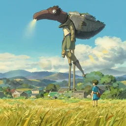 a giant strandbeest in the middle of a field, Makoto Shinkai, Miyazaki, Breath of the wild, Simon Stålenhag, studio ghibli
