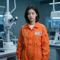 a photograph of a beautiful young asian woman wearing an orange prison jumpsuit standing in a laboratory surrounded by sci fi medical equipment, cinematic lighting, sci fi, futuristic