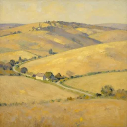 by frank quitely, by maurice utrillo haunting, earthy. this conceptual art of the beauty of the countryside in all its simplicity. the rolling hills & fields are bathed in a warm, golden light, & the peaceful scene is punctuated by a few small houses & a winding road. the brushwork is loose & expressive, & the overall effect is one of serenity & calm.