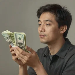 portrait of a man looking at a bunch of money, looking dreamy - art, by wlop, james jean, victo ngai! muted colors, very detailed, art fantasy by craig mullins, thomas kinkade cfg _ scale 8
