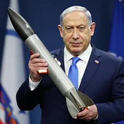 Benjamin Netanyahu holding a rocket, highly detailed, realistic