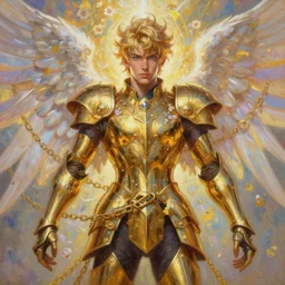 full body oil painting of tracer overwatch in the style of delphin enjolras, angel wings, angelic golden armor, dramatic painting, symmetrical composition, ornate, golden chains, high detail, gold detailed collar!!!!!, blooming, angelic, lights, flowers, heavenly, bright, detailed face,