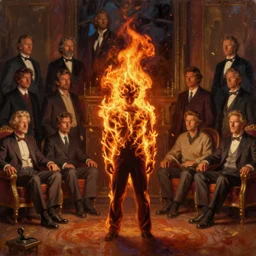 one men burning in fire flames standing alone in suite, piotr jablonski, norman rockwell, tim hildebrandt, mark maggiori, jeff dekal, long shot, hyperrealistic oil painting on canvas, deep depth field, cinematic composition, hyper - detailed, hdr, 8 k, 4 k