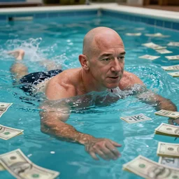 jeff bezos swimming in a pool filled with cash, 4 k, photography, extremely detailed, digital art, trending on artstation, greg rutkowski, cinematic lighting, hyperrealistic