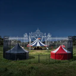 a magical circus in a field at night with large black, white and red tents surrounded by a gothic iron fence artwork by gerald brom, 4 k, masterpiece