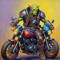 a portrait of a scifi post apocalyptic orcish biker by michael whelan, vibrant colors, futuristic punk rock fashion, oil painting by michael whelan art, sharp focus, realistic, highly detailed, 8 k, intricate linework