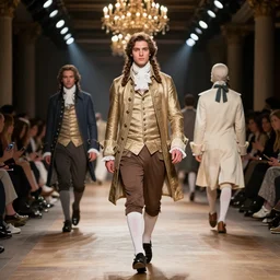 a 2 1 st century fashion show featuring men's wear based in 1 7 5 0's england, fashion photography, elaborate lights.