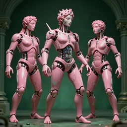hyperrealistic hyperdetailed byzantine mechanical iridescent pink humanoids performing concept art santiago caruso de chirico sharp very dramatic green light 8k low angle shallow depth of field