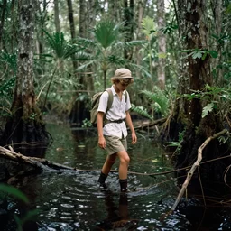 a young explorer walking alongside a channel of water in a dense swamp, kodachrome color film, grainy, film grain