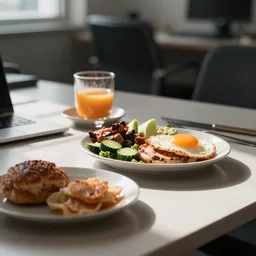 it is breakfast in an office, close up for food
