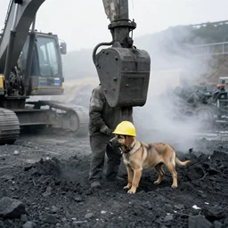 puppy working in a dusty coal mine, wearing hard hat, fog, drilling rig, photo from 1 9 9 8,