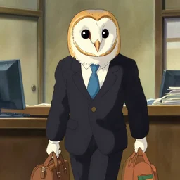 barn owl in a black suit wearing an office bag going to the office,drawn by Hayao Miyazaki , highly detailed,anime, anime shot,anime colours, inspired by My Neighbor Totoro 1988,cell shading