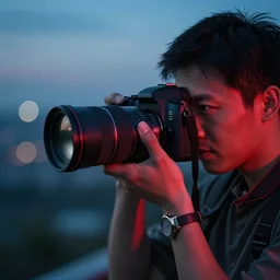 a photographer taking a picture. close up. telephoto lens. blue and red lighting. bokeh. vignette