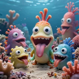of a colorful deep sea under water with strange cute friendly happy creatures with huge eyes, mouth, long tongue and round teeth appearing from sandy coral, in the style of gehry and gaudi, macro lens, shallow depth of field, ultra detailed, digital painting, trending artstation, concept art, illustration, cinematic lighting, photorealism, epic, octane render