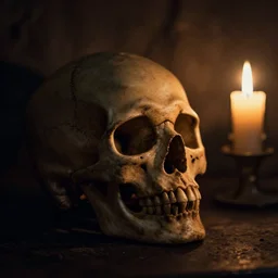 a skull in a dark dungeon lit only by candle light, dslr photo, cinematic lighting, shallow depth of field