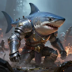 anthropomorphic shark in armor lost battle, fantasy, digital painting, dramatic lighting, vibrant setting, realistic shading, unreal engine 5, concept art, ultra detailed, trending artstation