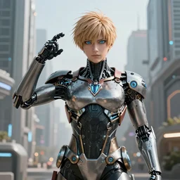 Realistic Cyborg One Punch Man with blue eyes, futuristic city, artistic pose, light atmosphere, cinematic shot, intricate, ornate, photorealistic, ultra detailed, realistic, 100mm, photography, octane, high definition, depth of field, bokeh, 8k, artstation