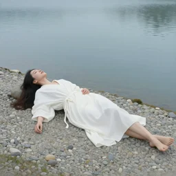 a painting of a beautiful woman in a white robe lying on pebbles by a beautiful lake in a virgin forest with snowy mountains in the background, in the style of rosa bonheur, highly detailed