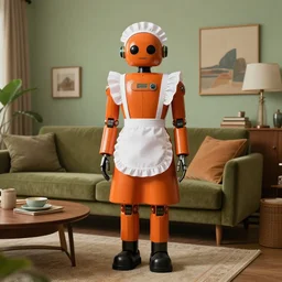 photo of a robot maid in a mid century modern living room, burnt orange, olive green, earth tones, retro future, marcelline stoyke, eric joyner
