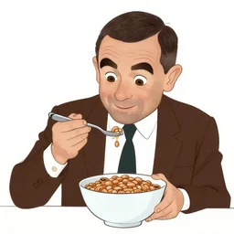mr bean eating a bowl of beans