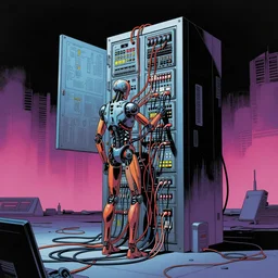 a comic illustration of an android connected to a computer console by wires, the console is tall and imposing, there are many cables on the floor, futuristic, ghost in the shell, cyberpunk, neon colors, art by Moebius