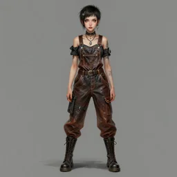 a portrait of a beautiful androgynous punk girl with short hair and beautiful eyes, beautiful face, wearing tall combat boots, who is a mechanic wearing baggy leather overalls, digital concept art, detailed digital painting, by j. c. leyendecker and edward blair leighton and charlie bowater, trending on artstation