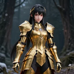 full shot portrait focus of beautiful darkness knight 3D anime girl, golden armor wearing, dark forest background, snowing, bokeh, inspired by Masami Kurumada, digital painting, high contrast, unreal engine render, volumetric lighting, high détail